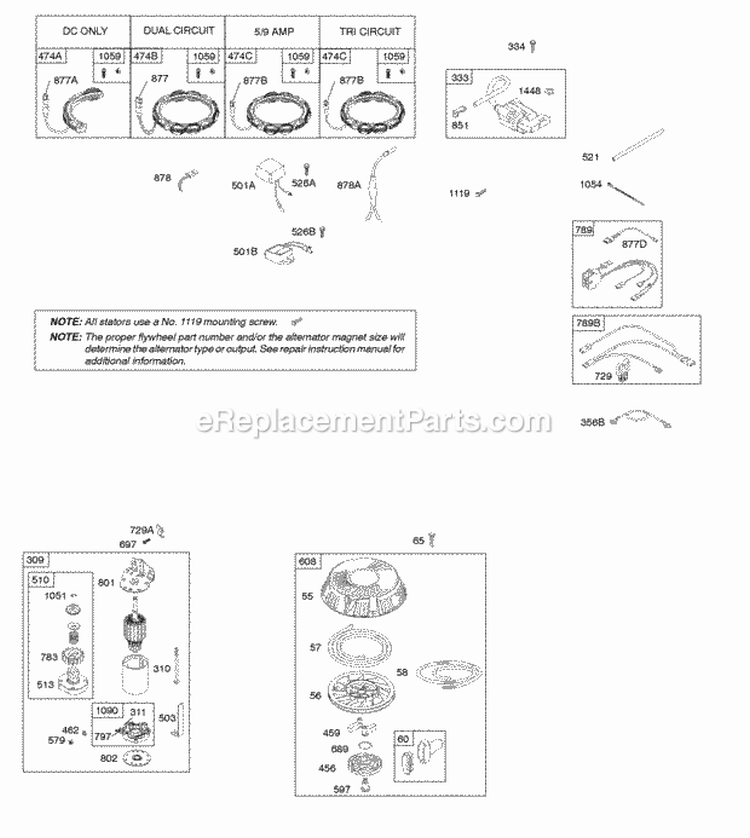 Alternator Controls Electric Starter Governor Spring Ignition Diagram and Parts List for  Briggs and Stratton Engine